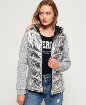 Superdry Storm Hybrid Metallic Cipzár Női Kapucnis Pulóver Titán | UBACG5816